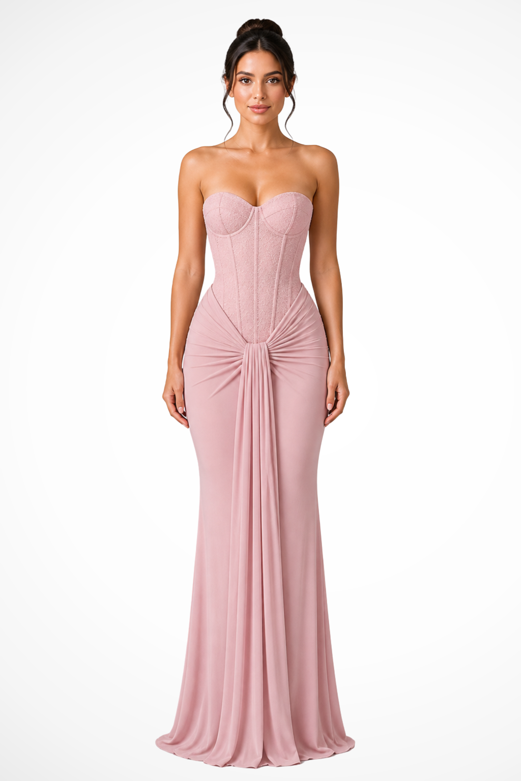 Chic women's strapless lace corset maxi dress with elegant draping, perfect as a special occasion or party gown.