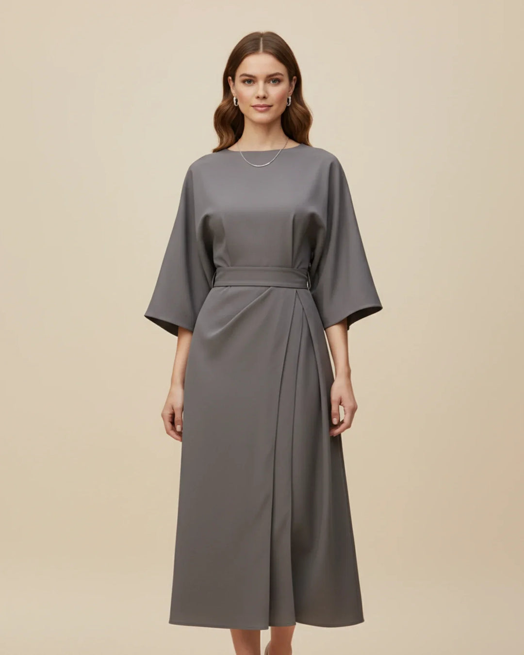 The perfect workwear midi dress: elegant wrap style with chic lantern sleeves.