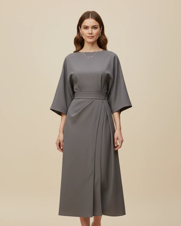 The perfect workwear midi dress: elegant wrap style with chic lantern sleeves.