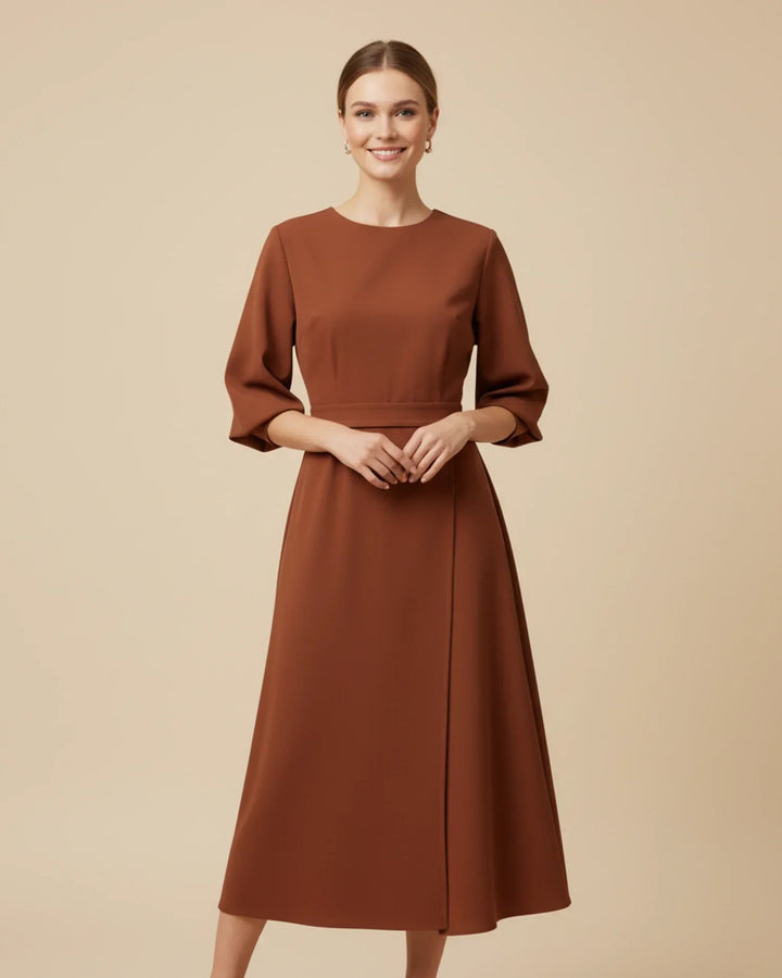 Beautifully crafted women's belted midi dress with flowing lantern sleeves.