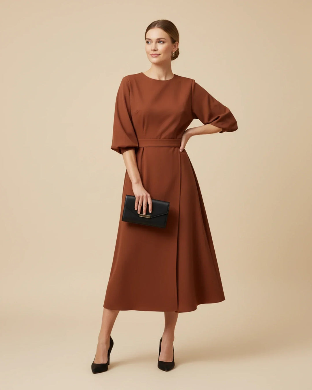 Elevate your wardrobe with this women's lantern sleeve midi dress.