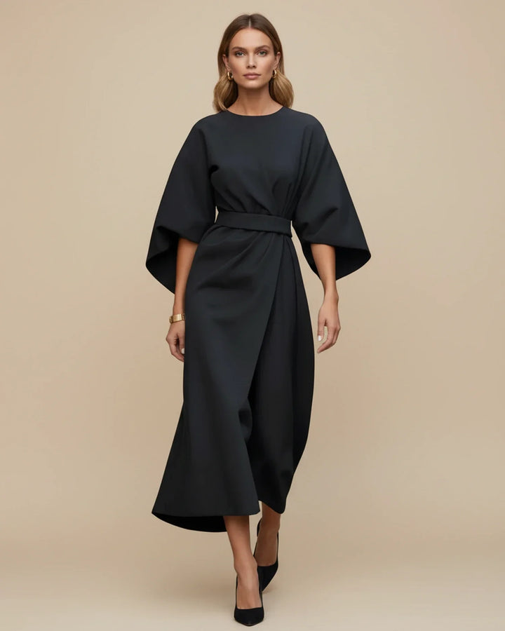 Stylish women's belted midi dress, perfect for workwear or special events.