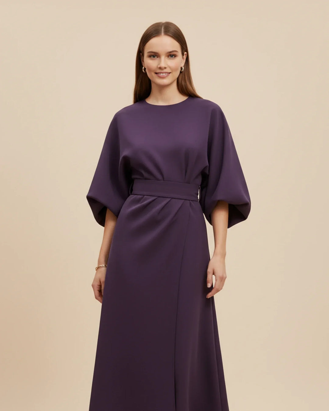 Fashionable wrap midi dress with adjustable belt and voluminous lantern sleeves.