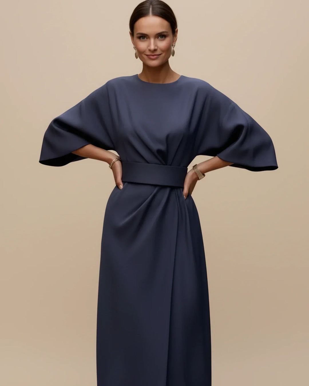 A-line midi dress with long lantern sleeves and a classic wrap front.