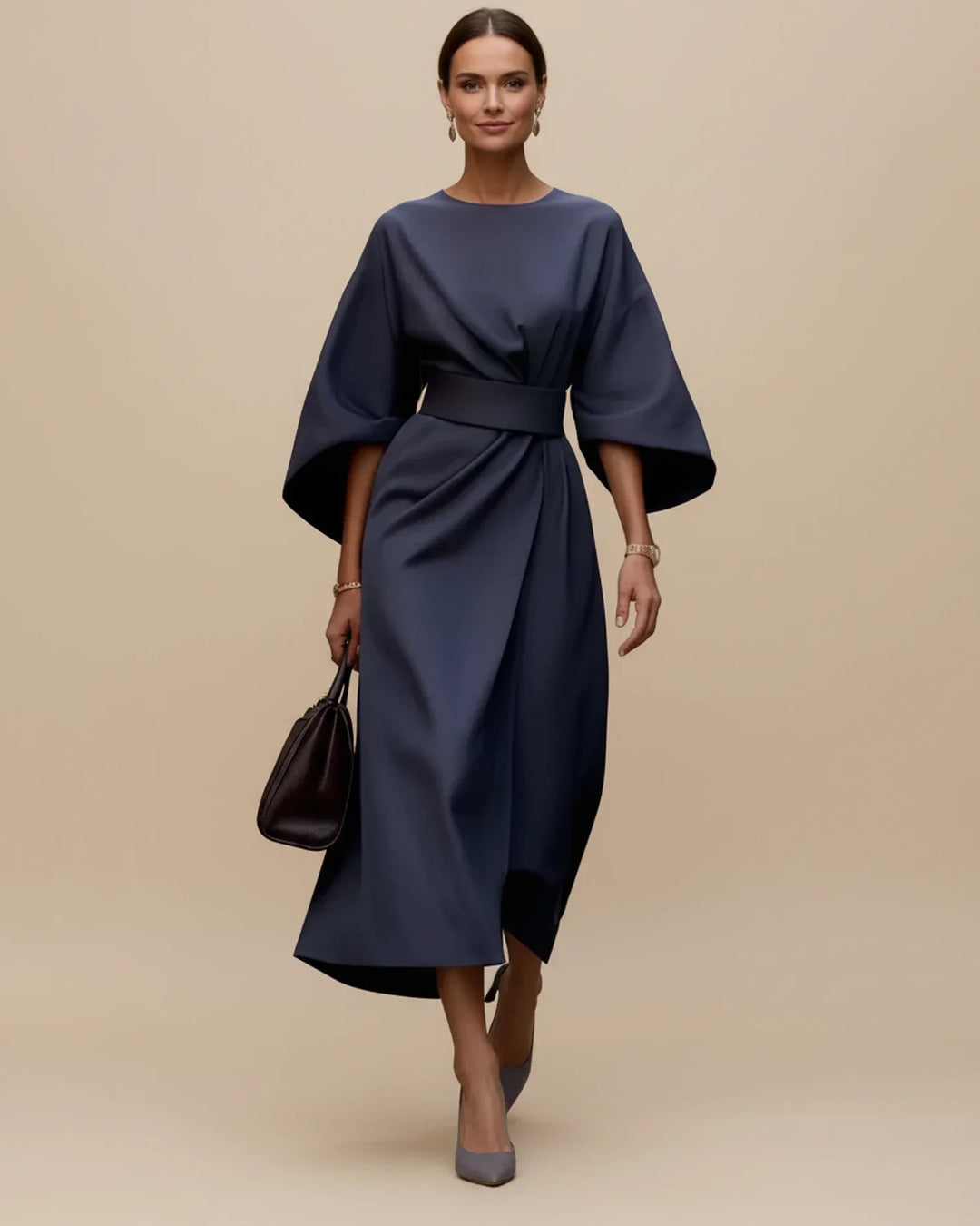 Flattering midi dress designed for women, accentuating the waist with a belt.
