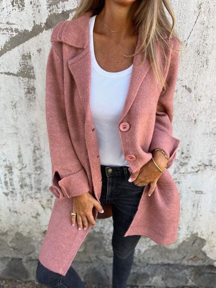 Women's elegant lapel collar button-front coat, perfect versatile autumn winter outerwear.
