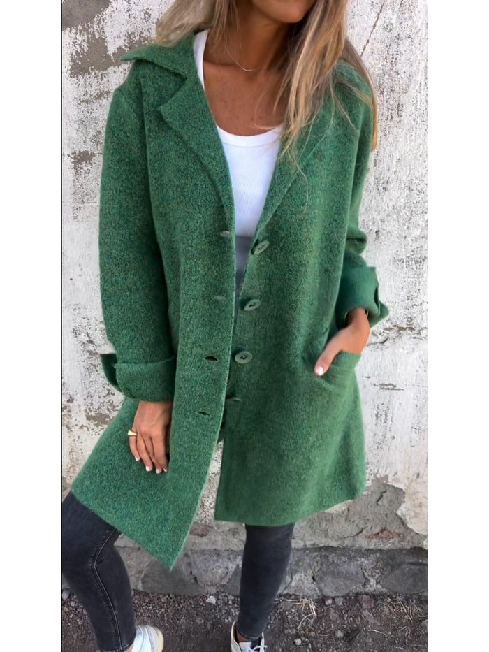 Graceful women's outerwear jacket, lapel collar & button-front, perfect for elegant autumn winter fashion.