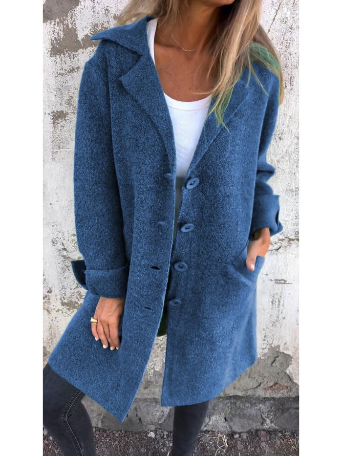 Chic women's elegant solid color long coat with lapel collar and stylish button-front detail, winter ready.
