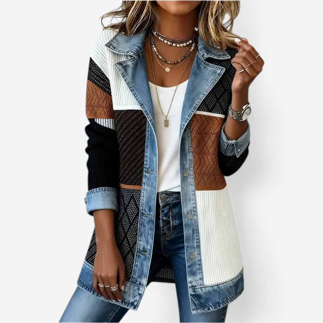Modern women's jacket featuring an elegant layered collar and buttons, ideal transitional outerwear.