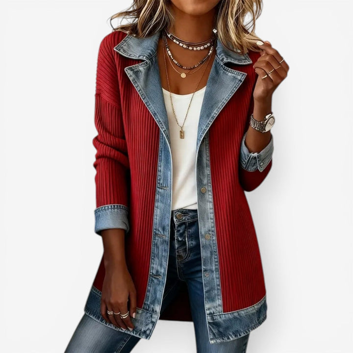 Stylish women's button jacket with a unique layered collar, a must-have for modern fashion.