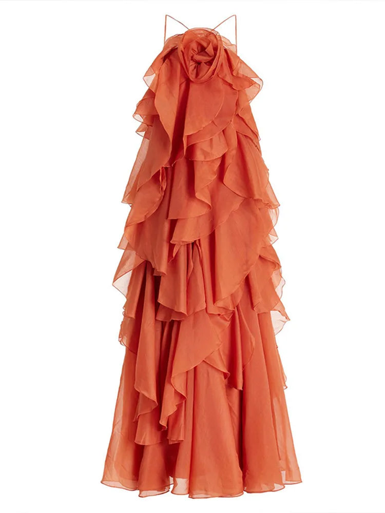 Stylish women's summer maxi dress with cascading ruffles & a chic floral neckline. Ideal for parties & events.