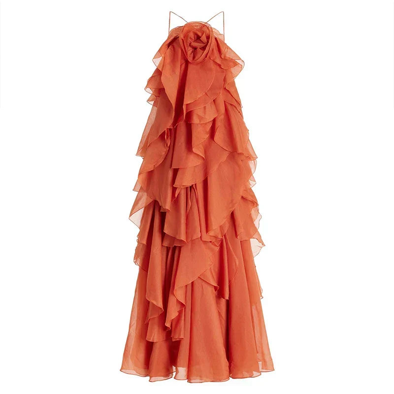Vibrant women's ruffle maxi dress with an elegant floral neckline, great for vacation, parties, or feminine resort wear.