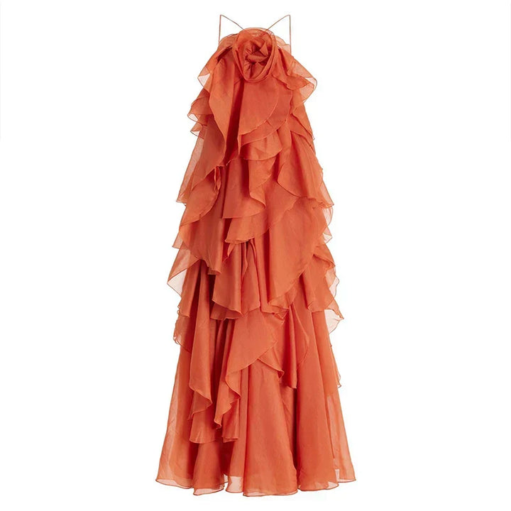 Vibrant women's ruffle maxi dress with an elegant floral neckline, great for vacation, parties, or feminine resort wear.