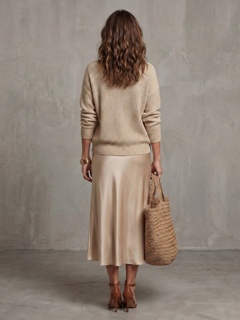 Versatile women's two-piece: elegant layered sweater & comfortable flowing midi skirt.