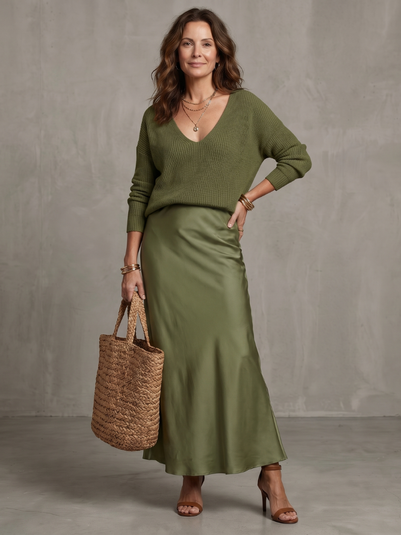 Comfortable women's two-piece ensemble: layered knit top and flowing elegant midi skirt.