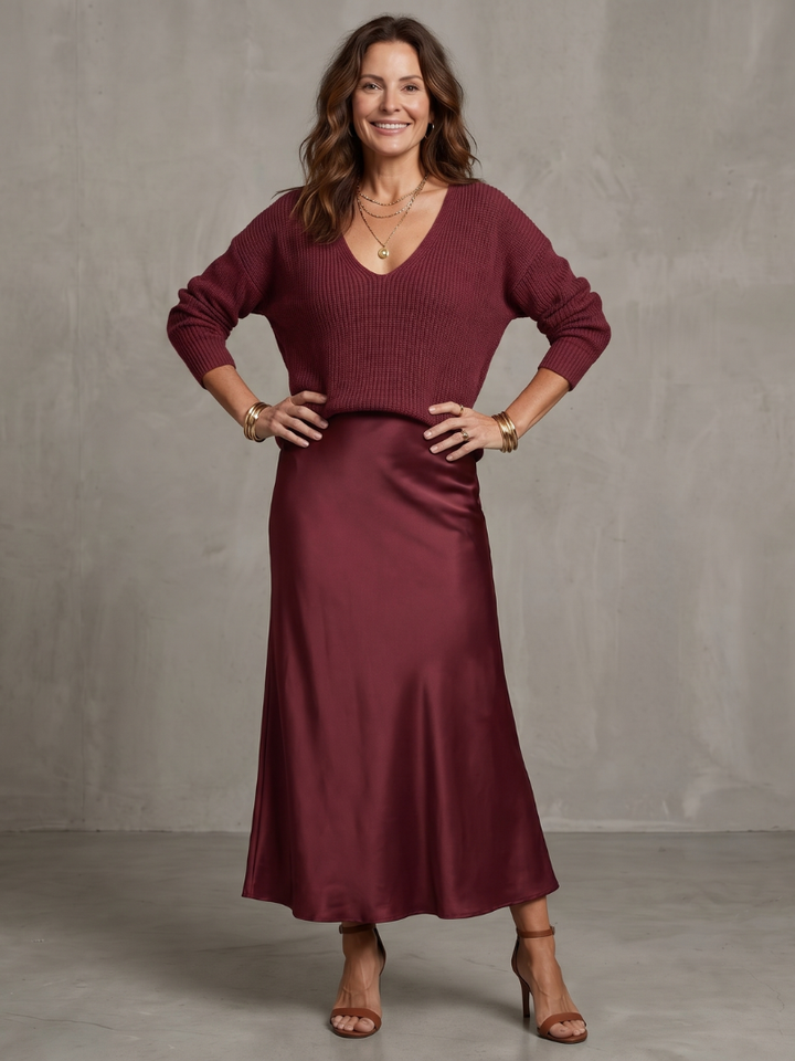 Chic women's bias-cut midi skirt and layered long-sleeve top set. Perfect for versatile wear.