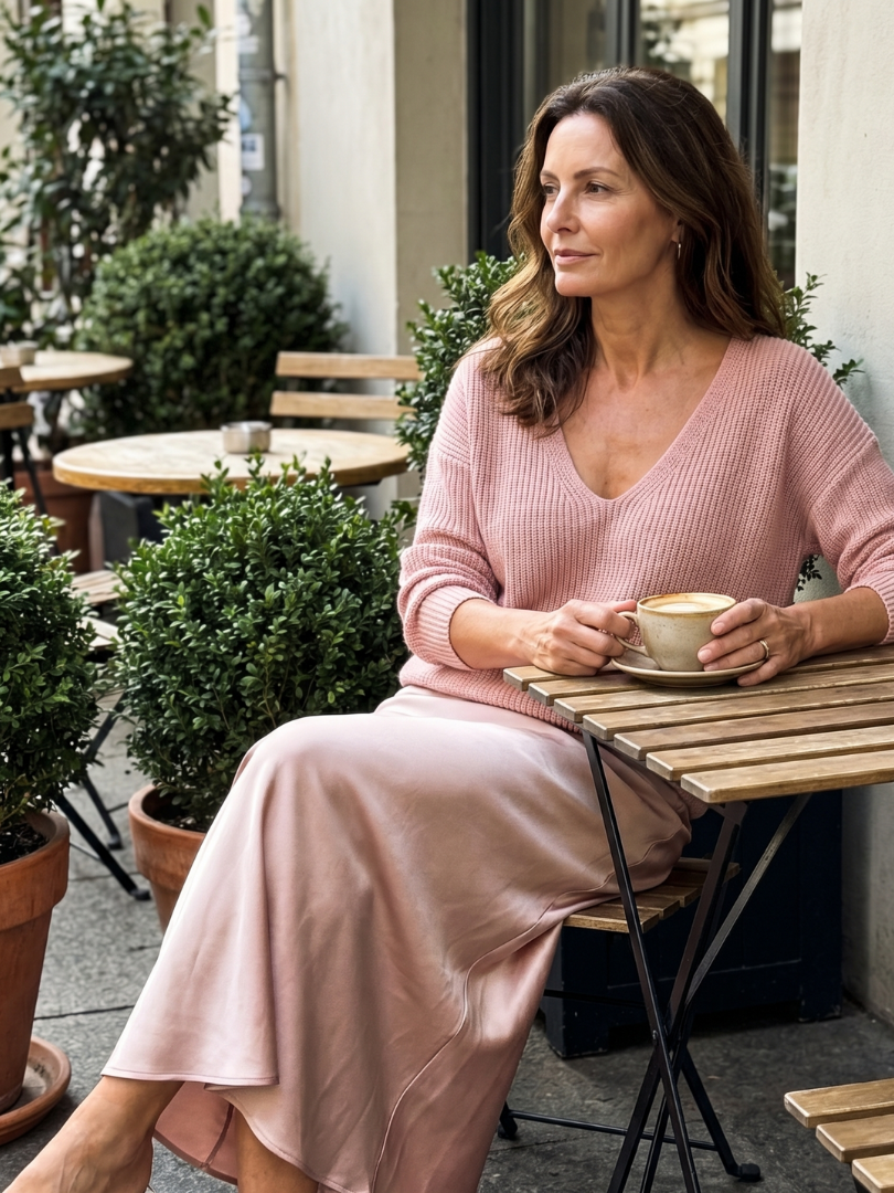 Versatile women's set with a comfortable layered sweater and a fluid, elegant midi skirt.