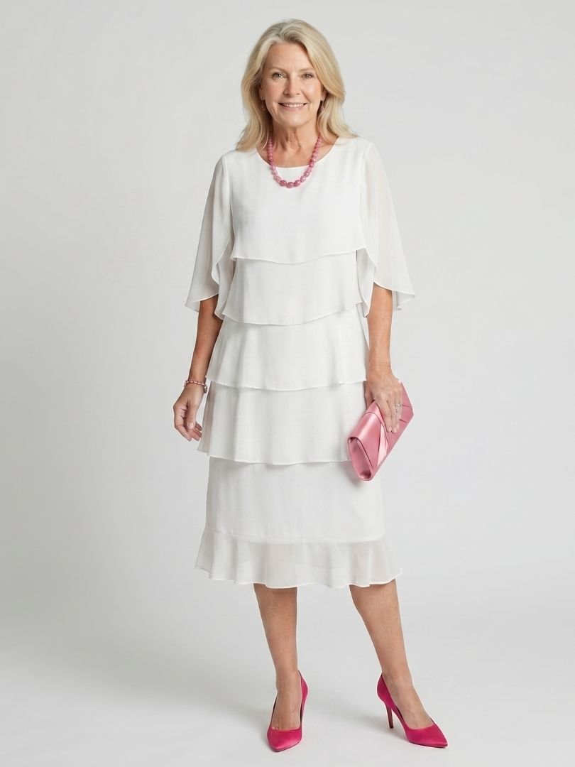 Women's short sleeve midi dress, round neck, elegant layered design, versatile for casual fashion.