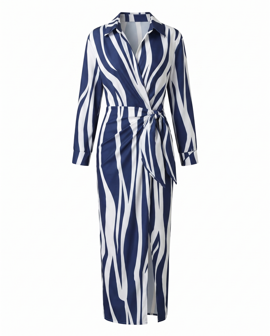 Chic women's leaf print maxi wrap dress, versatile V-neck for casual or elegant wear.