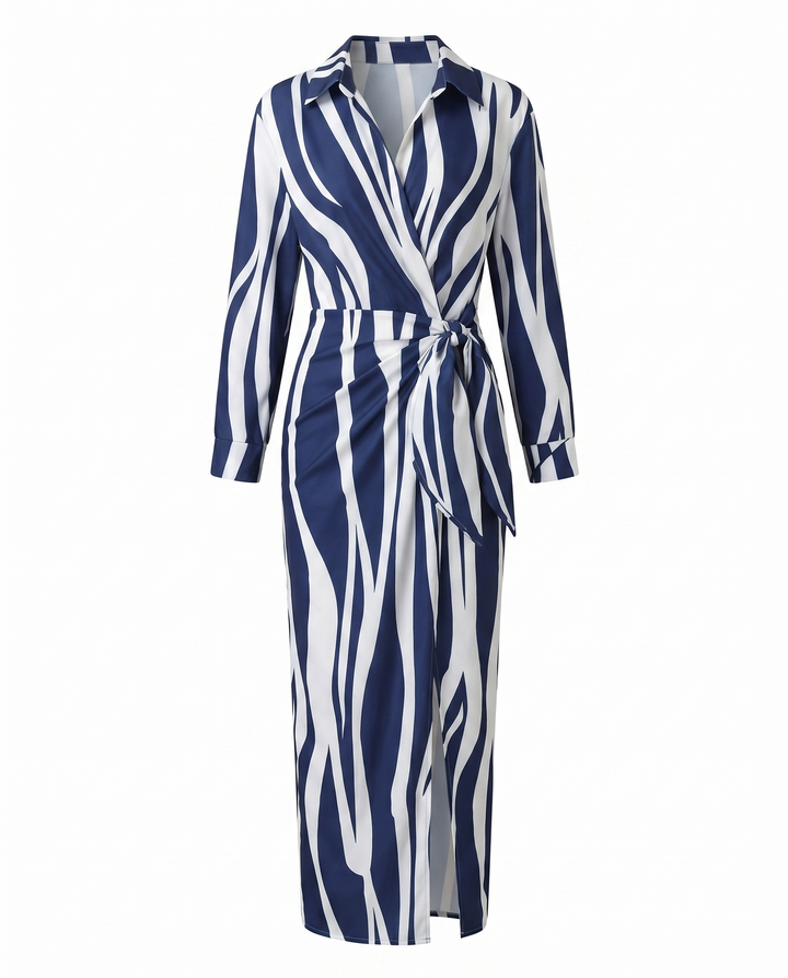 Chic women's leaf print maxi wrap dress, versatile V-neck for casual or elegant wear.