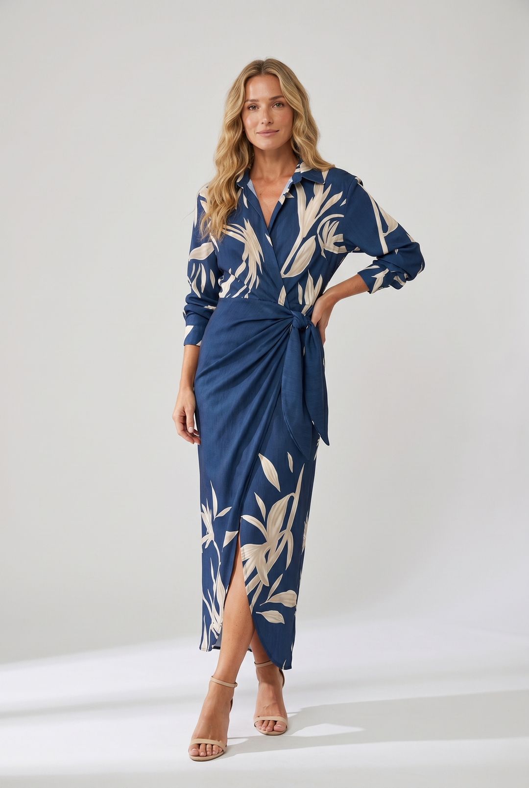 Stylish women's long sleeve leaf print maxi wrap dress, comfortable casual V-neck design.