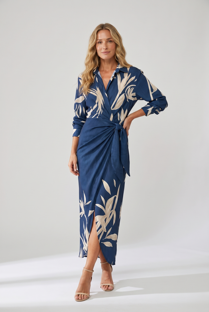 Stylish women's long sleeve leaf print maxi wrap dress, comfortable casual V-neck design.