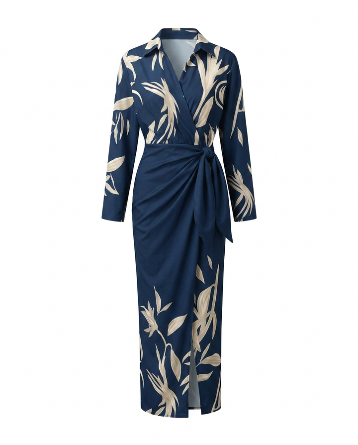 Beautiful leaf pattern detail on a women's elegant V-neck maxi wrap dress.