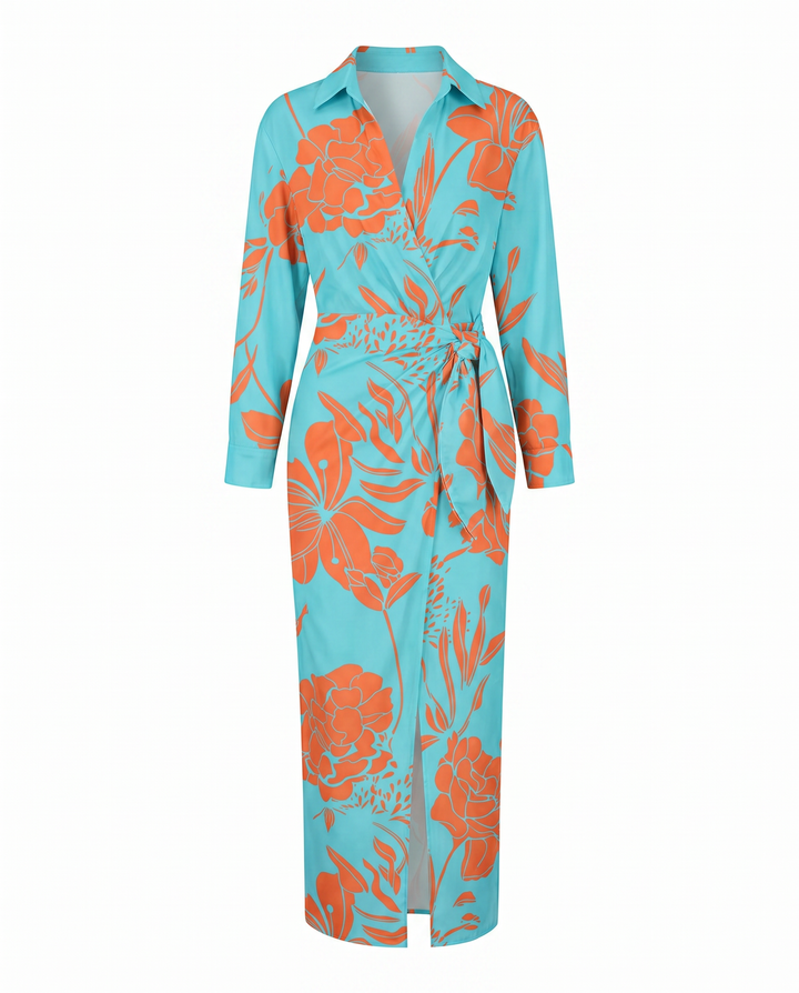 Women's summer vacation dress: flowy leaf print maxi wrap with a stylish V-neck.