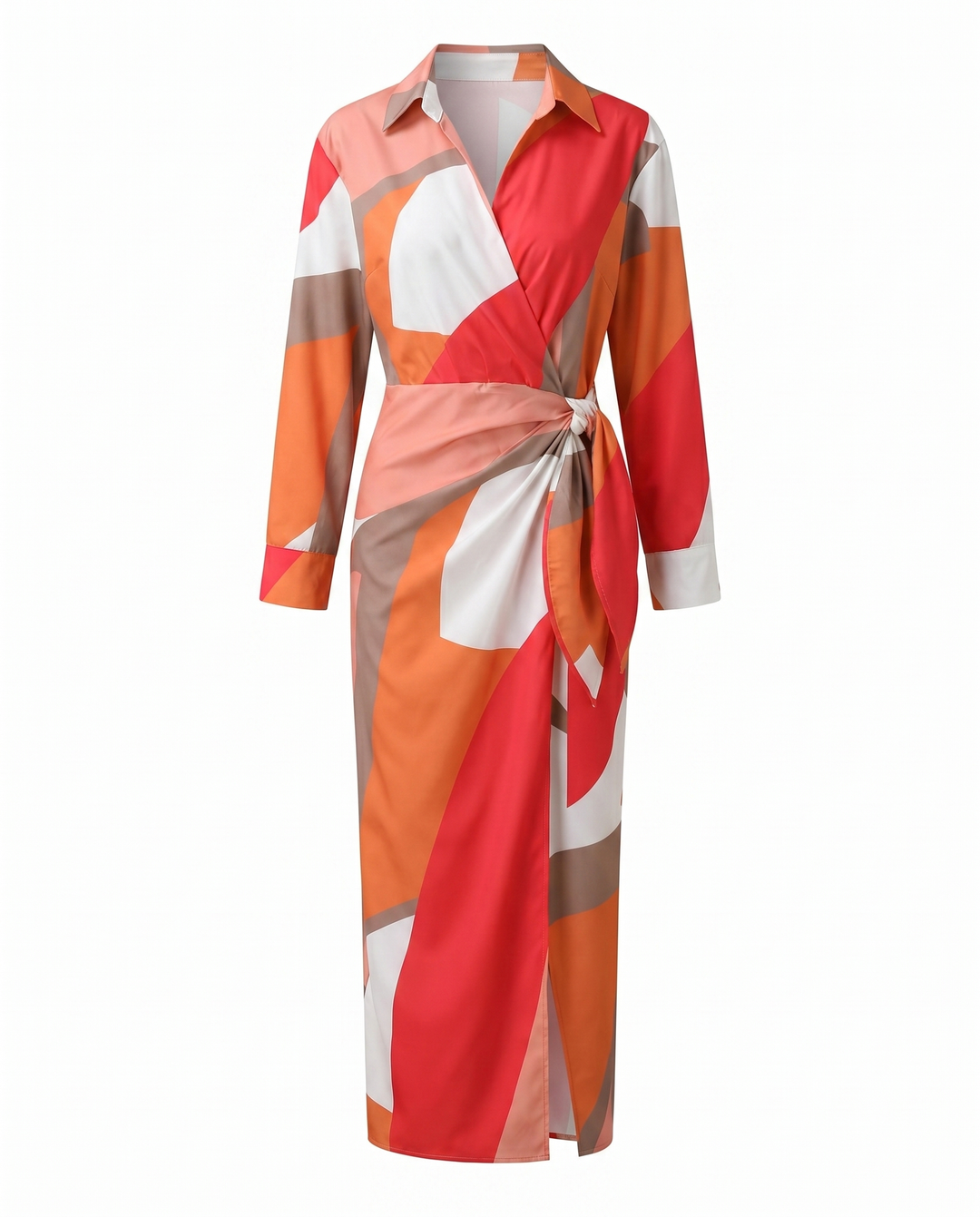 Long sleeve women's maxi wrap dress featuring a vibrant leaf print and V-neck.