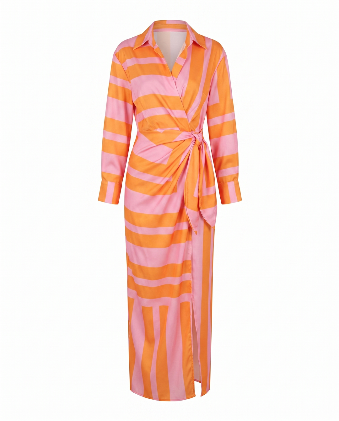 Elegant women's plus size leaf print maxi dress, flattering wrap style with a V-neck.