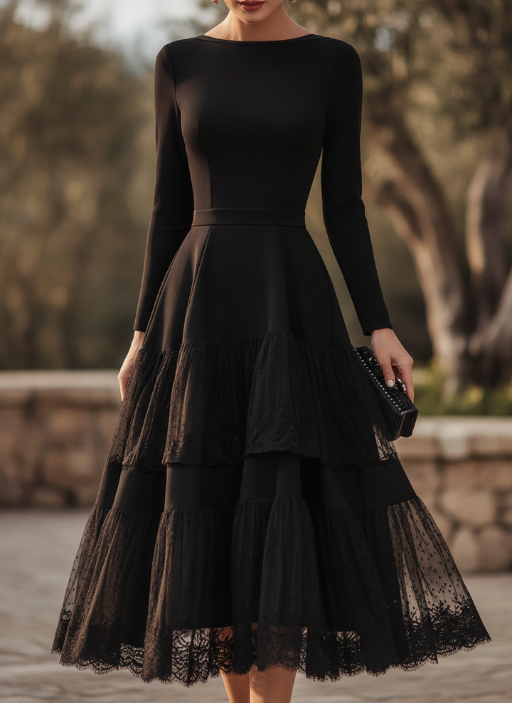 Women's elegant long sleeve A-line midi dress with tiered lace, perfect for formal occasions & evening events.