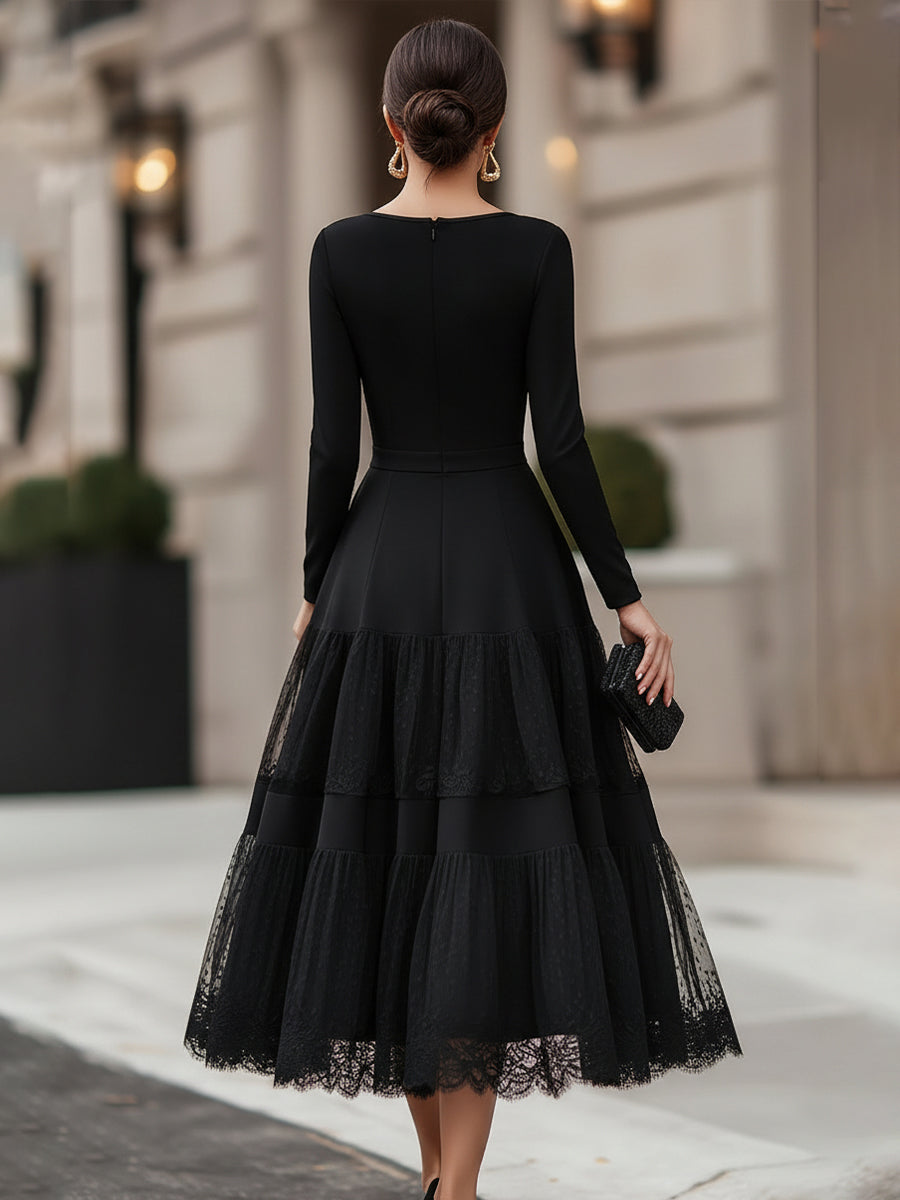 Sophisticated women's long sleeve lace tiered A-line midi dress, an elegant choice for any formal occasion.