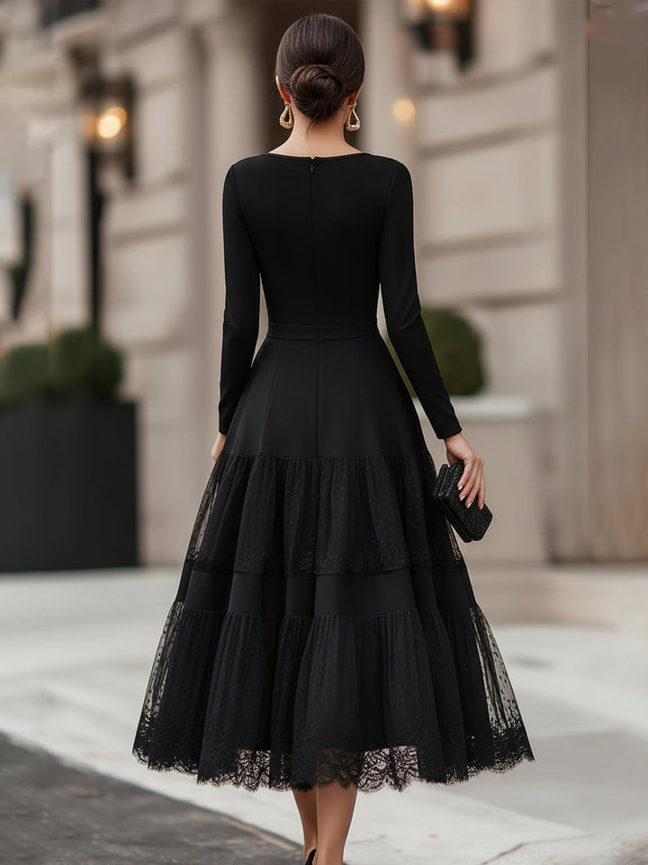 Sophisticated women's long sleeve lace tiered A-line midi dress, an elegant choice for any formal occasion.