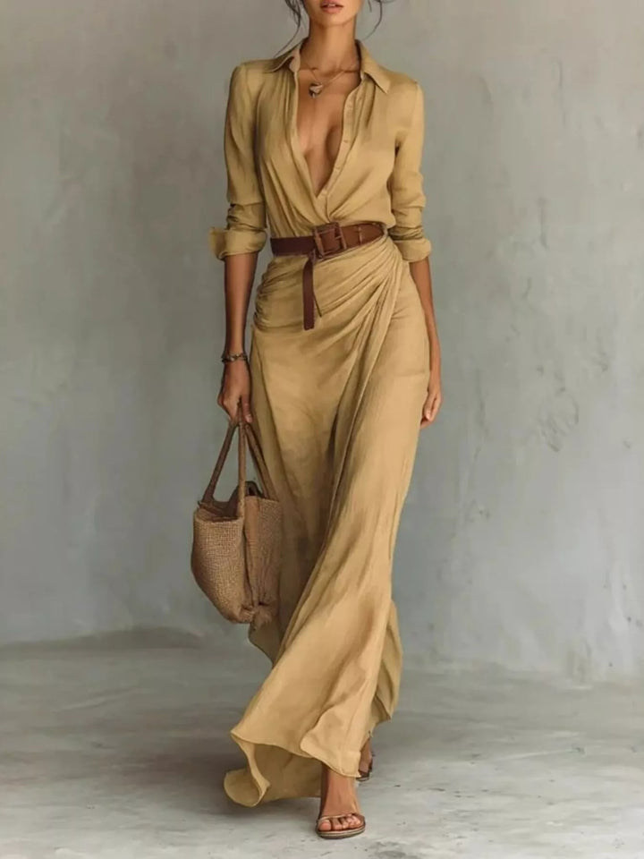 Women's elegant long sleeve belted maxi dress, perfect for versatile fashion & everyday chic.