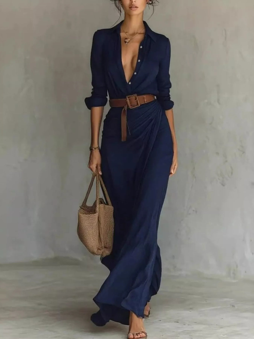 Chic long sleeve belted maxi dress for women, suitable for formal events, casual outings, or everyday wear.