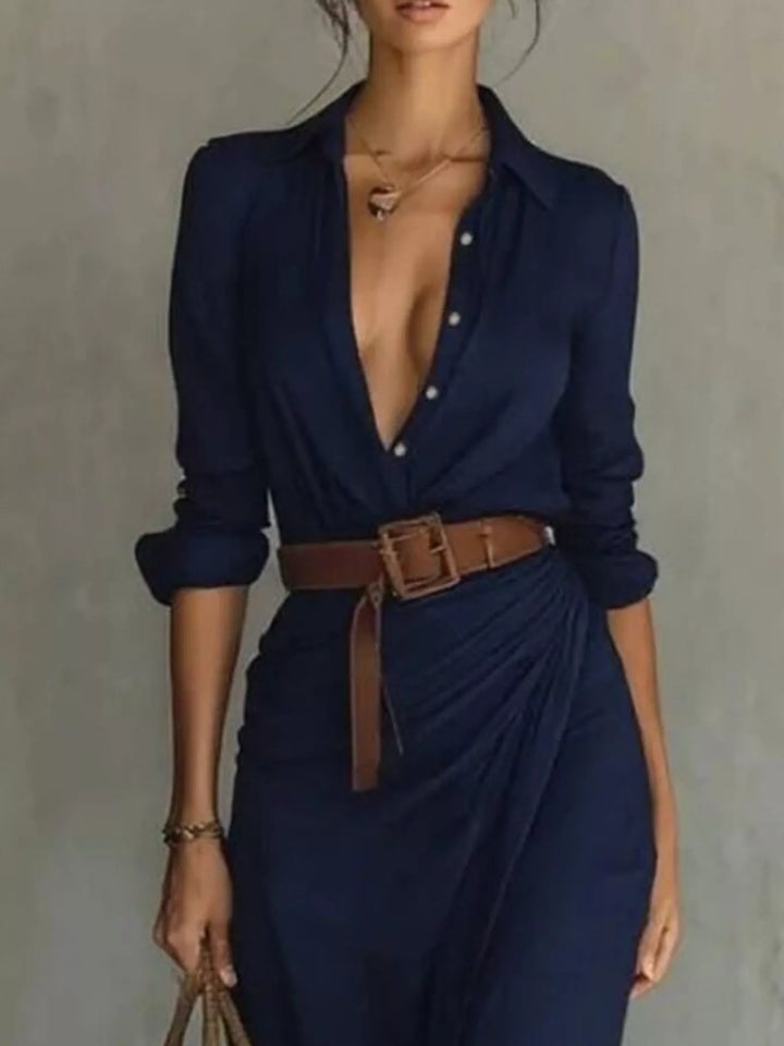 Refined women's long sleeve maxi dress with a flattering belt, offering an elegant & modest style.