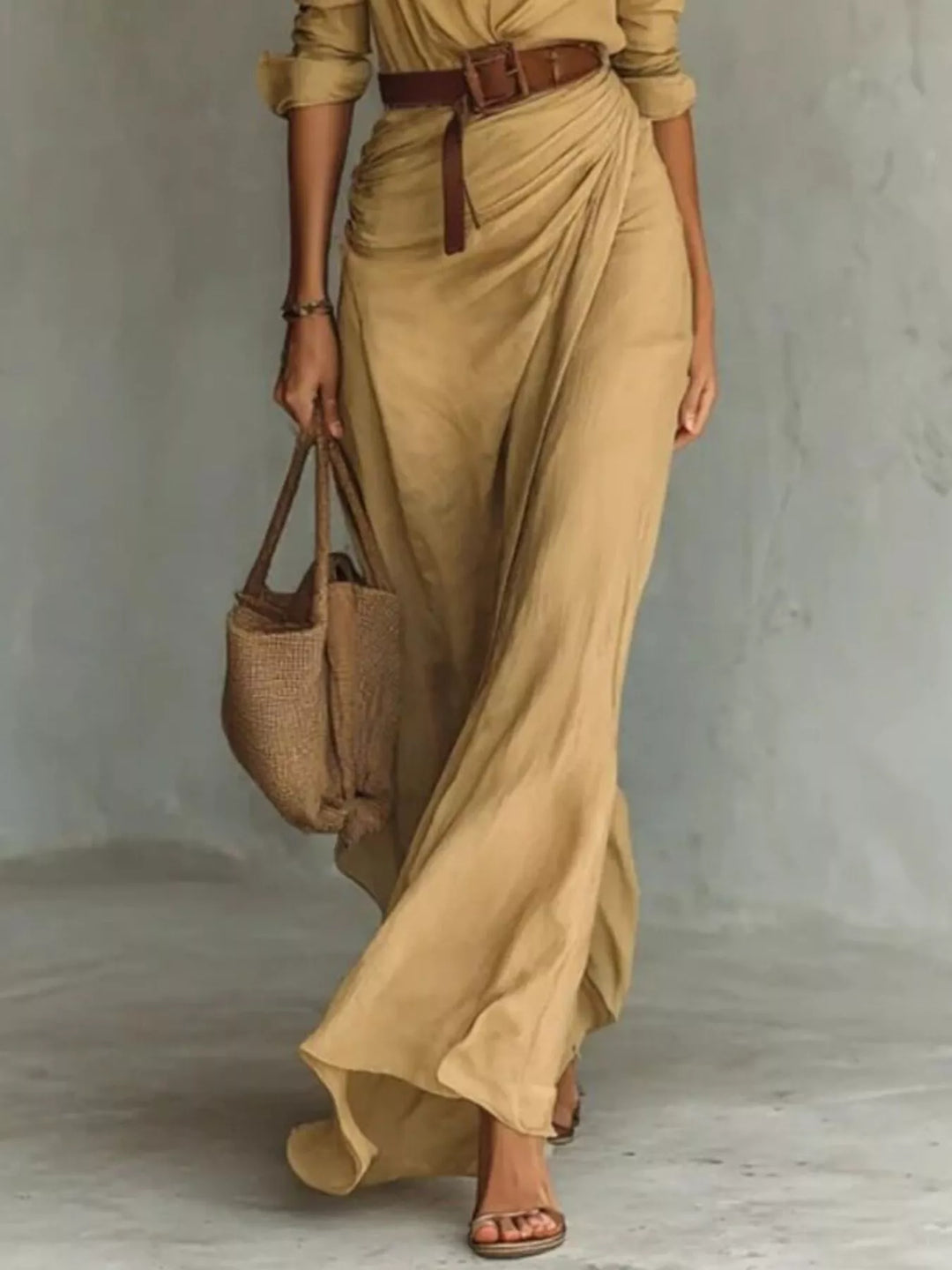 Versatile women's belted maxi dress with long sleeves for modest style, ideal for any occasion.