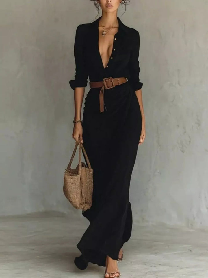 Elegant women's long sleeve maxi dress with belt, perfect for formal events or everyday chic comfort.