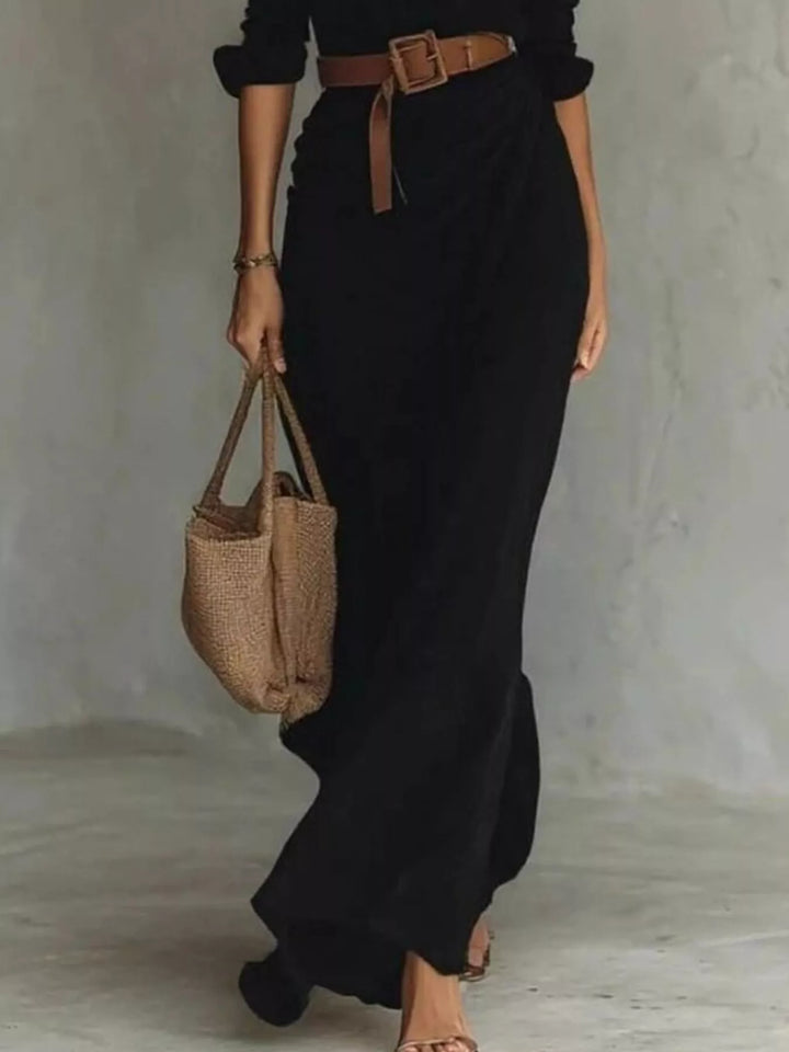 Women's elegant long sleeve belted maxi dress for versatile fashion, modest style & everyday chic.