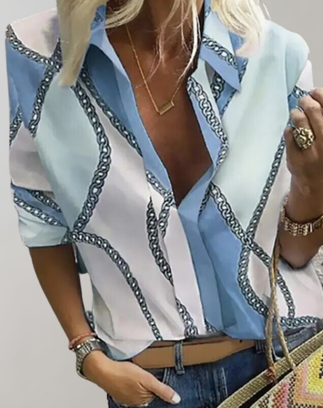 Long sleeve chain pattern blouse for women, perfect for formal or casual chic looks
