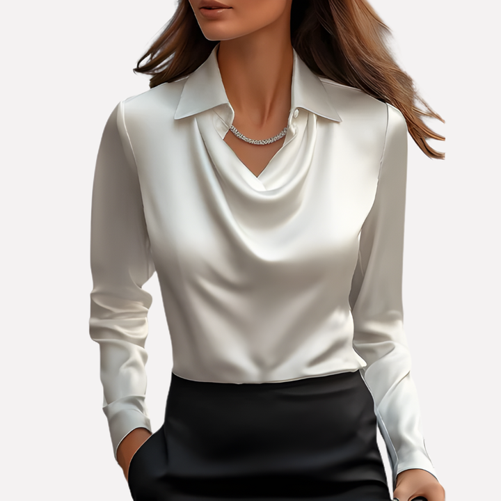 Women's elegant long sleeve blouse with draped collar. Perfect for work or evening wear.