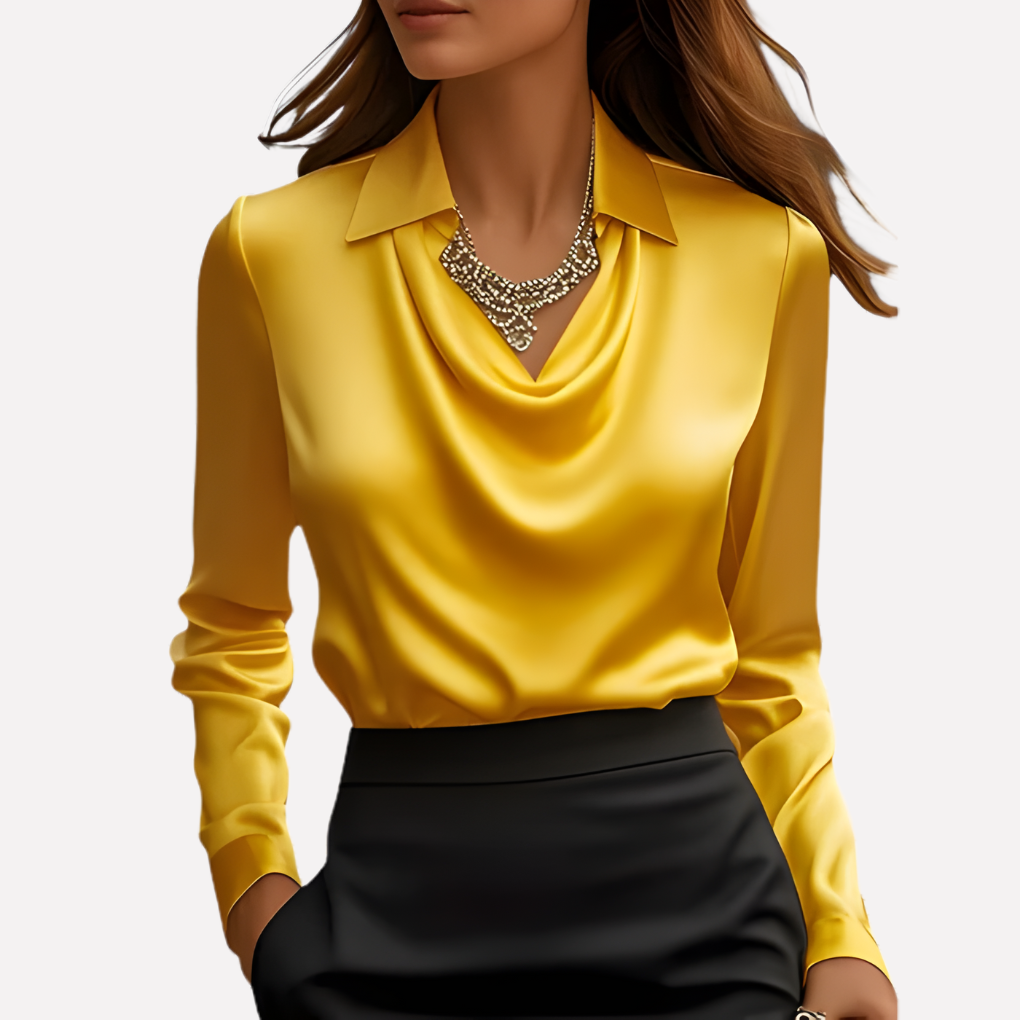 Solid color women's elegant long sleeve blouse with a striking draped collar. Fashionable and chic.