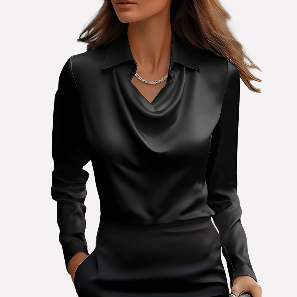 Sophisticated women's long sleeve blouse, draped collar, relaxed fit for versatile fashion.