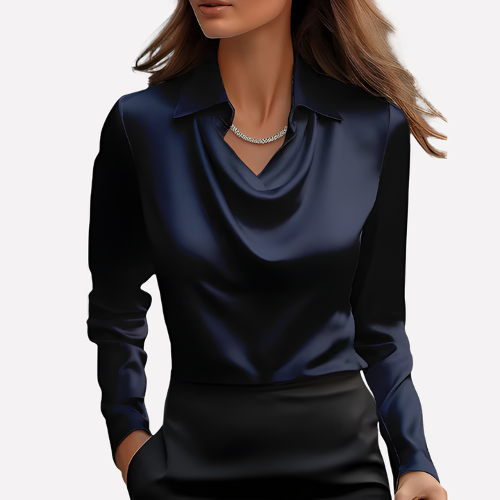 Stylish women's draped collar blouse, long sleeves, ideal for professional workwear or evening events.