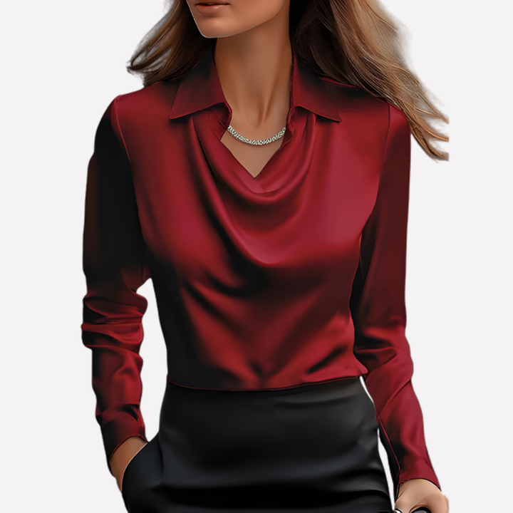 Elegant women's solid color long sleeve top featuring a chic draped collar. Versatile & refined.