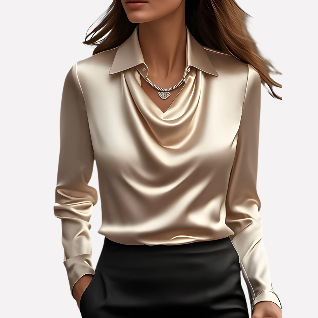 Women's stylish draped collar long sleeve top. Elegant, sophisticated, and a versatile addition.