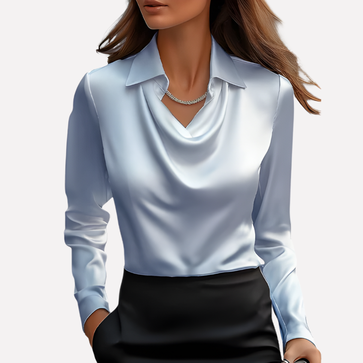 Chic women's blouse with a graceful draped collar and long sleeves. A sophisticated fashion choice.
