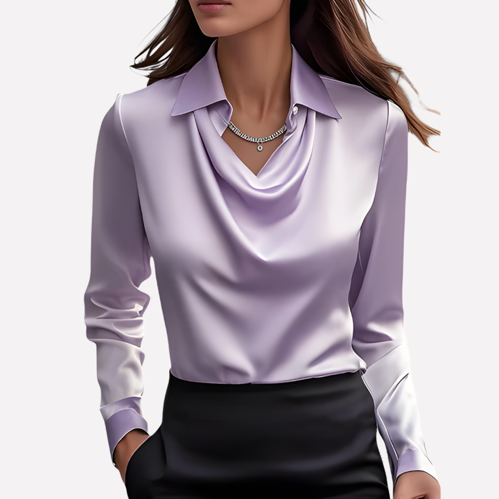 Versatile women's long sleeve blouse with elegant draped collar, suitable for office to evening.