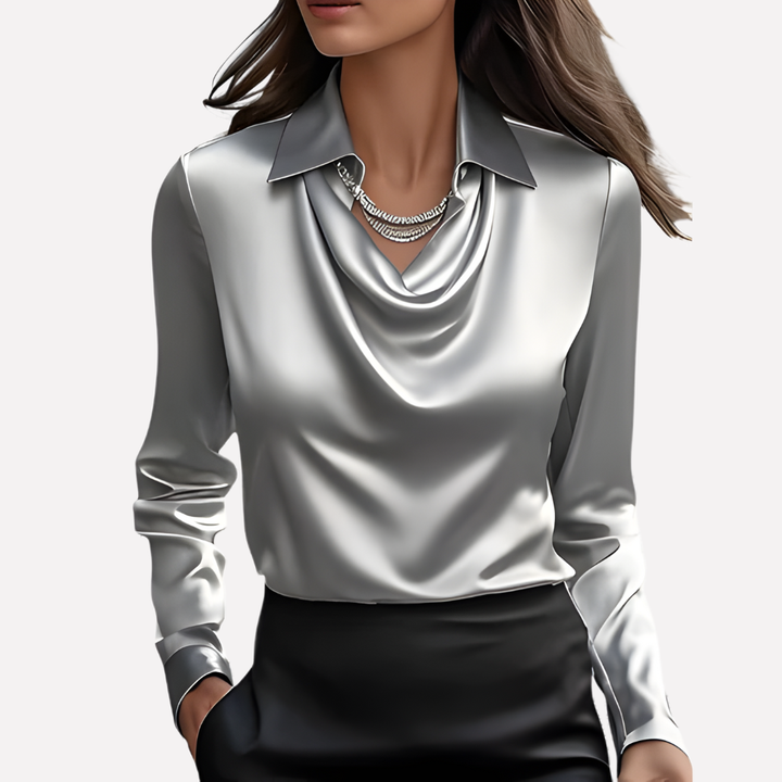 Women's long sleeve draped collar blouse. Elegant, relaxed fit, perfect for stylish workwear.