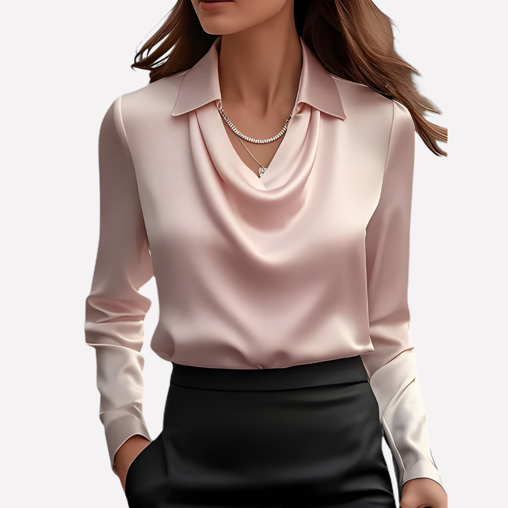 Sophisticated women's long sleeve top, featuring a beautiful draped collar. Elegant and stylish.